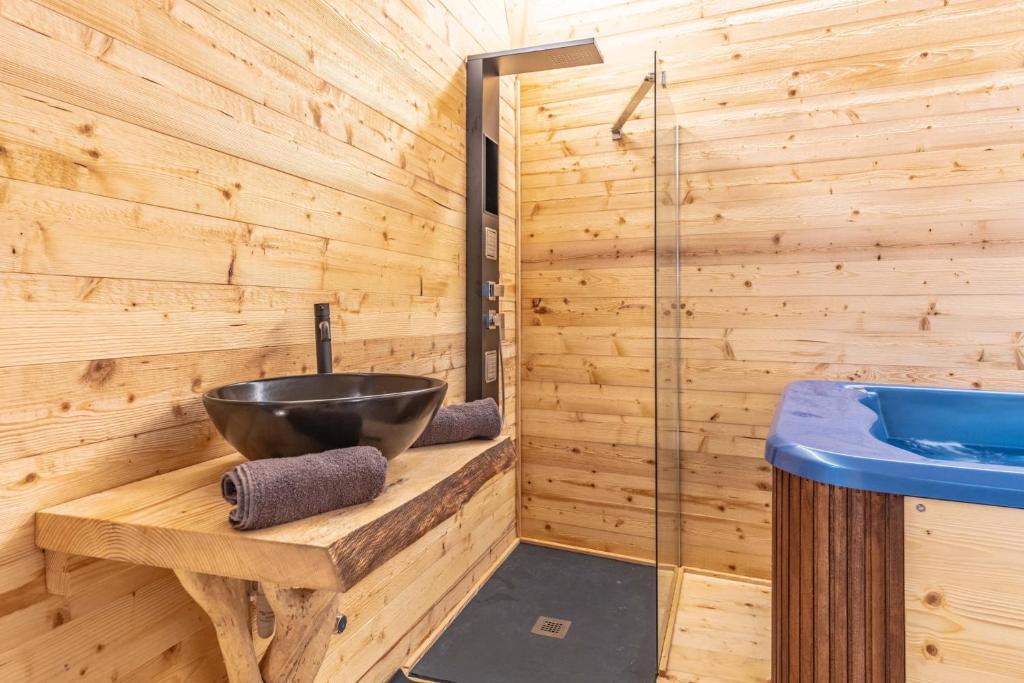a bathroom with a wooden wall with a bowl sink at Chalet & SPA Privata - Baita al Frassino, Ospitar in Vignola