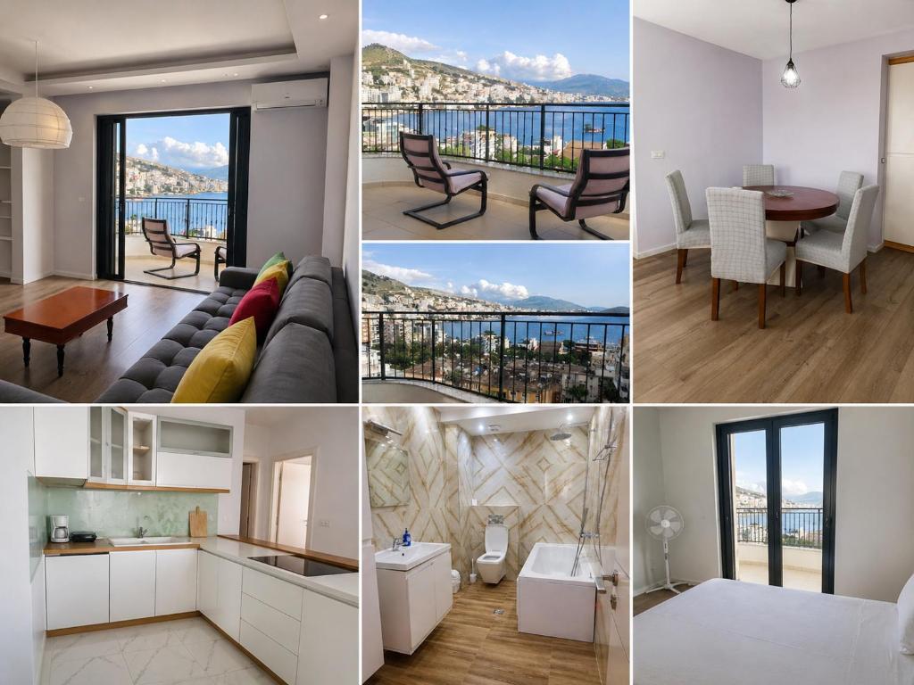 a collage of photos of a living room and dining room at Panoramic Sea View Apartment Saranda in Sarandë