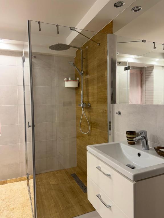 a bathroom with a shower and a white sink at MAAN Apartments in Augustów