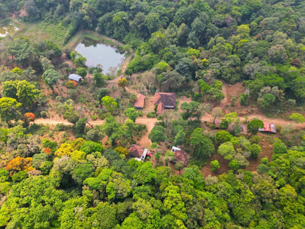 an aerial view of a house on a hill with trees at T Stop Farmhouse Coorg in Kurchi