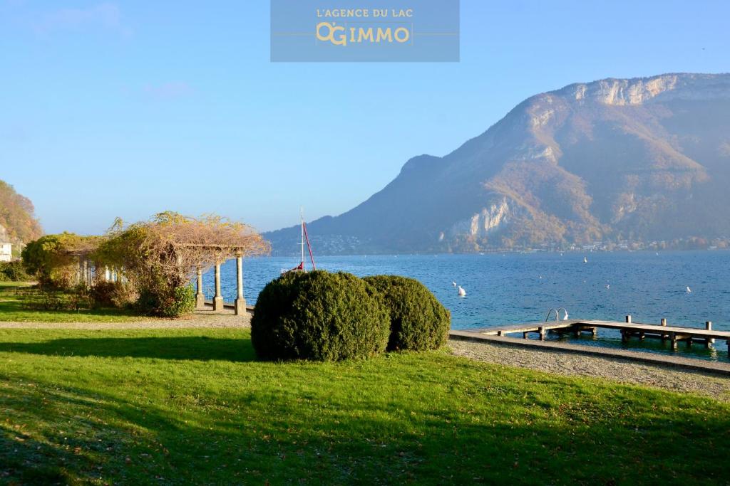 a grassy field with bushes in front of a body of water at Beau Rivage - Accès plage privée au lac in Annecy
