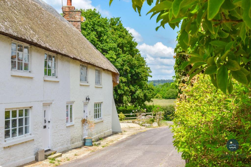 an old cottage with a thatched roof and a road at Martie Cottage - cosy cottage idyllic village in Whitcombe