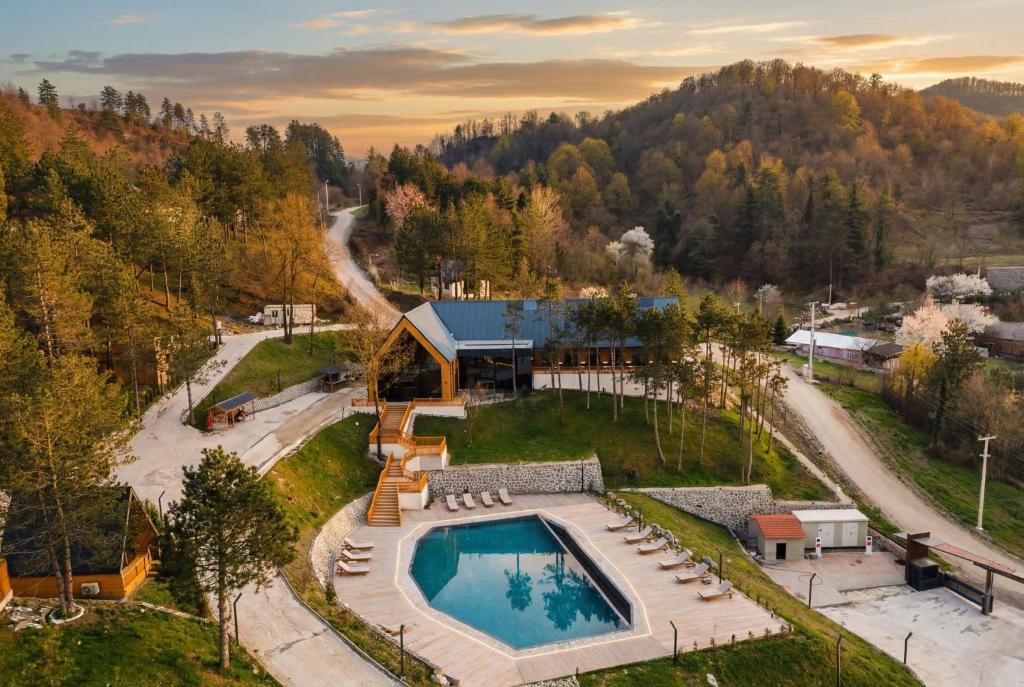 an aerial view of a house with a swimming pool at Morrian Sapanca in Sapanca