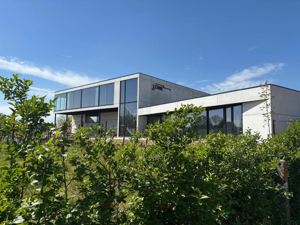 a building with glass windows on the side of it at Wijndomein Leine in Opwijk