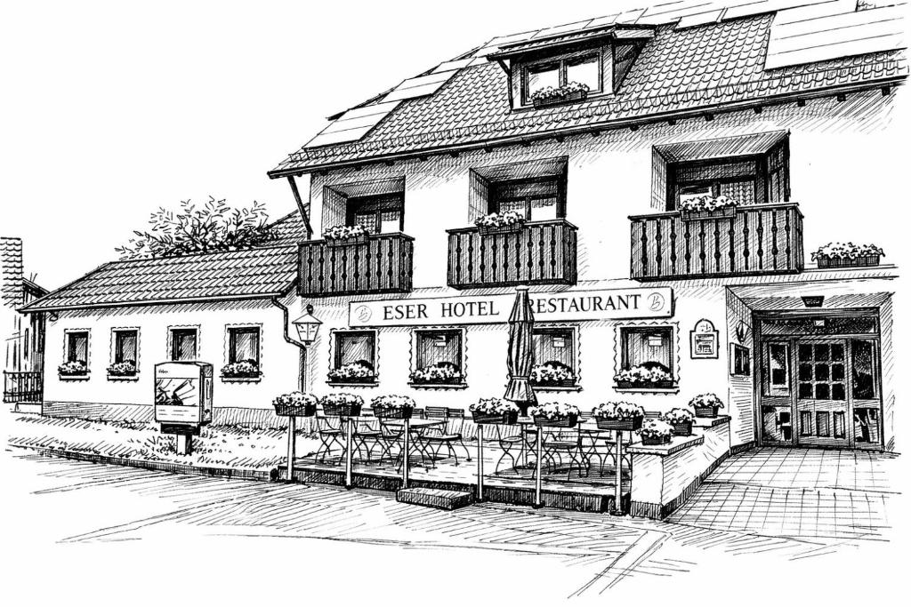 a black and white drawing of a hotel restaurant at ESER Hotel Apartment in Hertingen