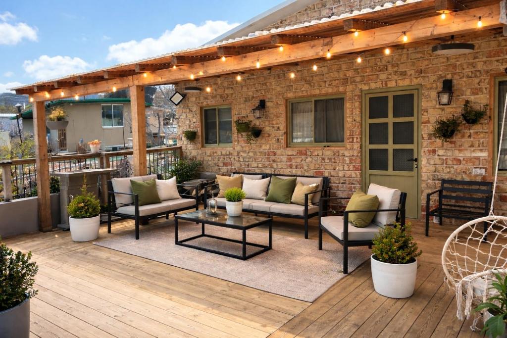a patio with chairs and a table on a deck at Cherry trees & mount Hermon views,near ram pool in Majdal Shams