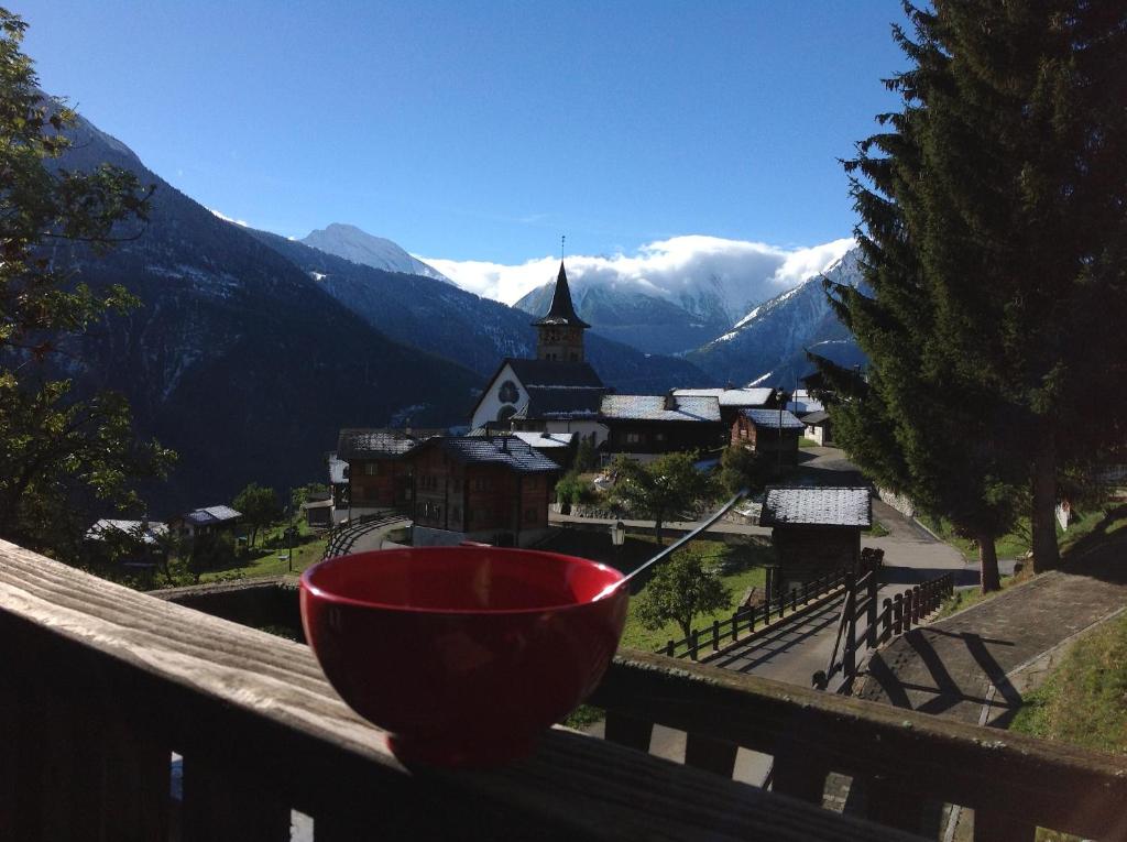 a red bowl sitting on a wooden railing with a view of a mountain at Chalet Sandgrube in Mörel