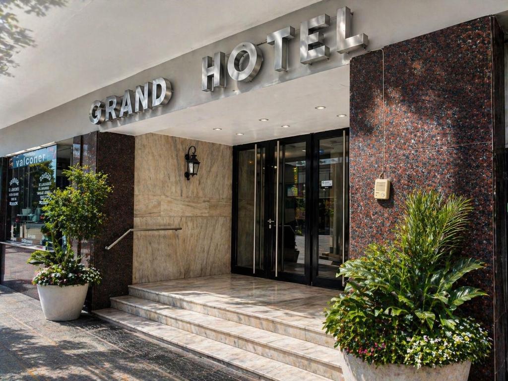 a grand hotel building with stairs in front of it at Grand Hotel by MH in Termas de Río Hondo