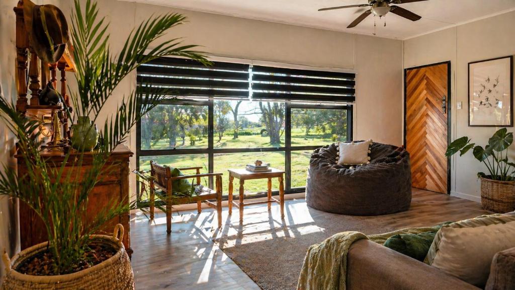 a living room with a couch and a large window at Heritage View Birding Retreat in Delareyville