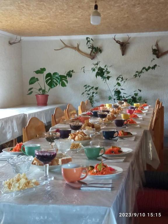 a long table with plates of food on it at Bugu Too Guest House in Kaindy