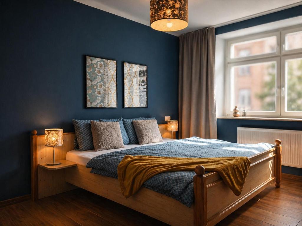 a bedroom with a bed with blue walls and a window at Pension ElbeStay in Königstein an der Elbe