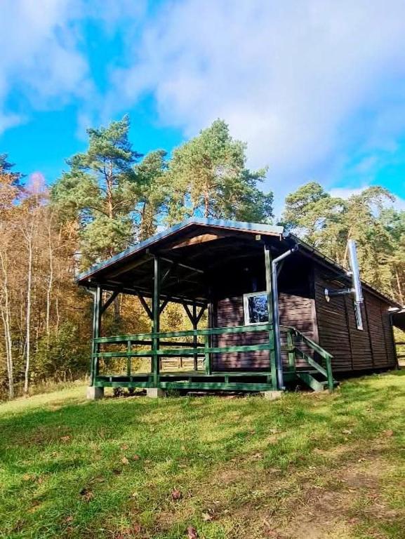 a wooden cabin in a field with trees in the background at ChillWagon in Sieraków