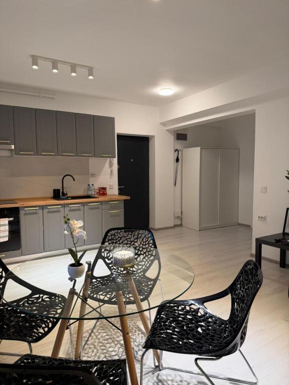 a living room with chairs and a table and a kitchen at Otopeni Studios C2 2 Airport Therme in Otopeni