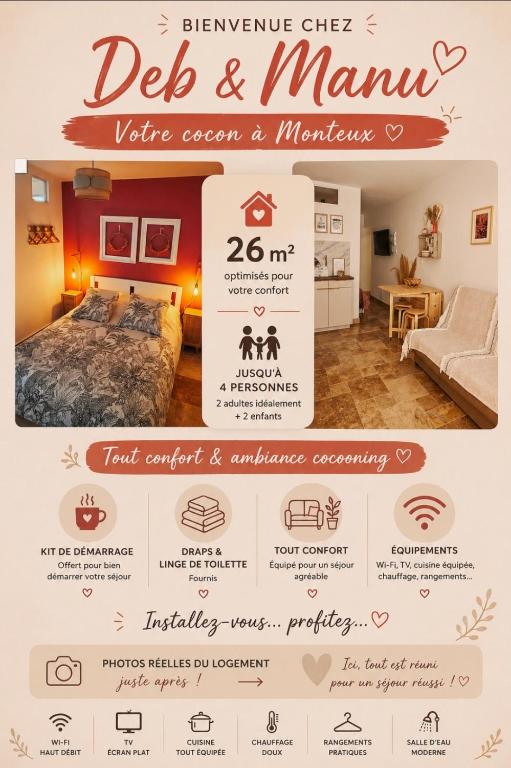 un volantino per una camera d'albergo con un letto e un cartello di Harmonie a Monteux