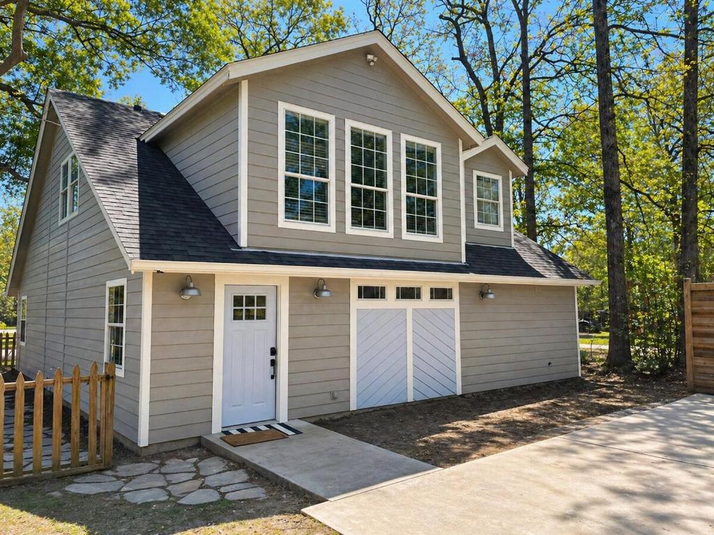 a house with two garage doors in a driveway at Carriage House in Lufkin