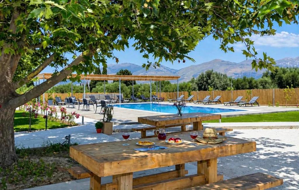 a picnic table under a tree next to a pool at Sofi Hotel in Neokhórion