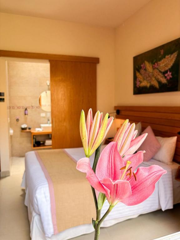 a pink flower in a vase next to a bed at ArcoSodi Hotel Boutique in Oaxaca City
