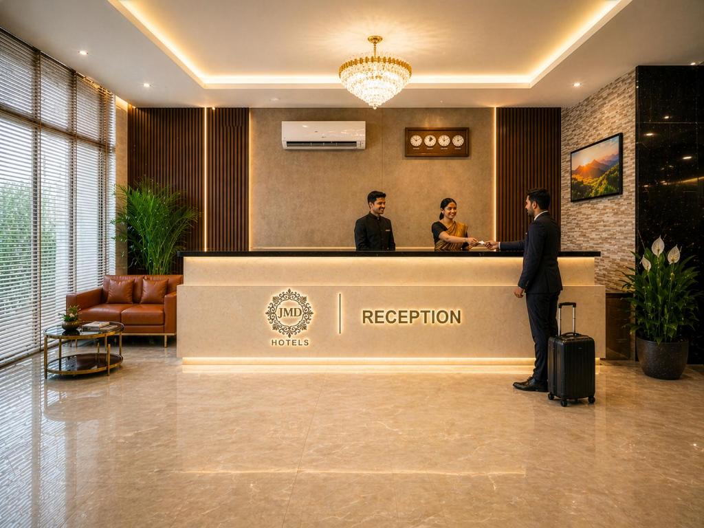 a man standing at a reception desk in a hotel lobby at Hotel Kian by JMD Group in New Delhi