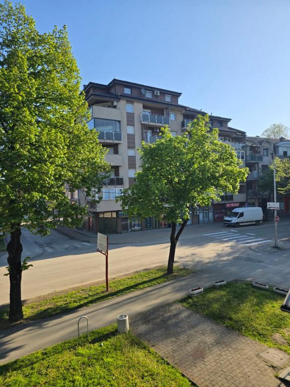 a street with two trees in front of a building at Apartman Wegele in Teslić