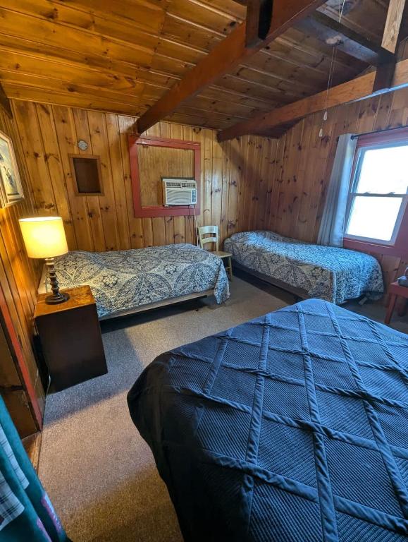 a bedroom with two beds in a cabin at 2BR 1BA Cabin #8 at Riverside Point Resort in Park Rapids