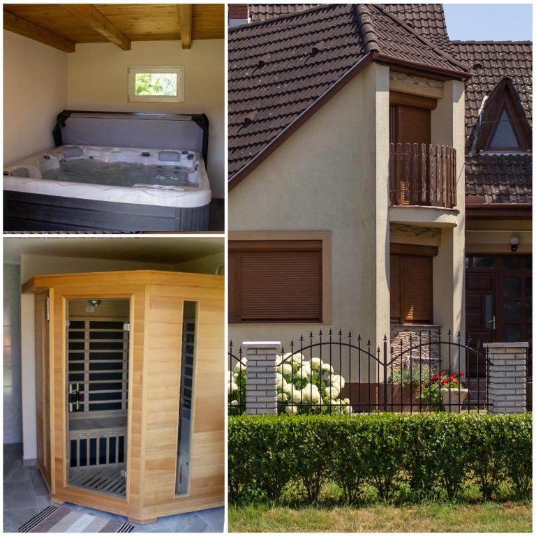 two pictures of a house with a bed and a balcony at Sándor Apartman in Gyula
