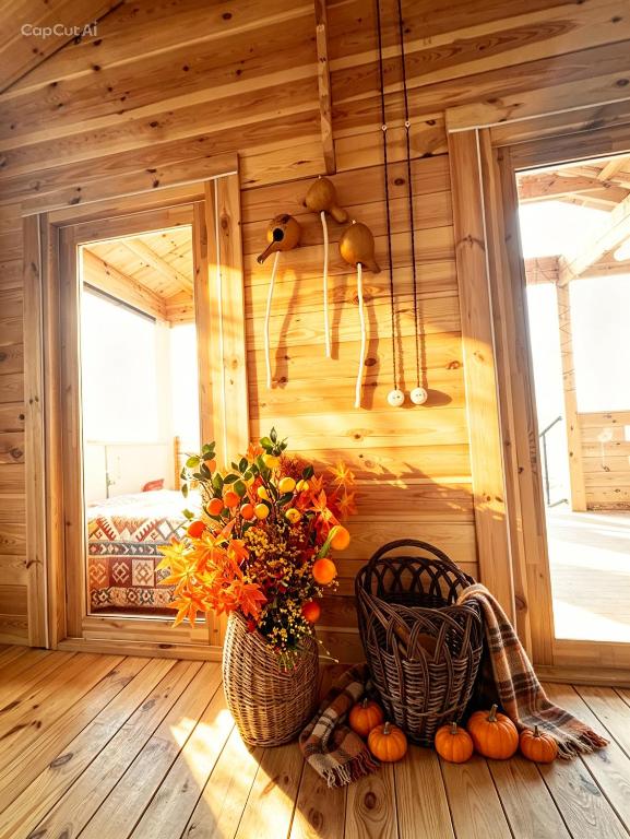 a room with a vase of oranges and flowers in a cabin at chemtan cottages in Dushetʼi