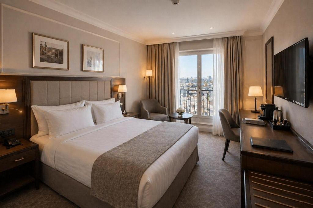 a hotel room with a bed and a desk and a television at Casa Velvet in Madrid