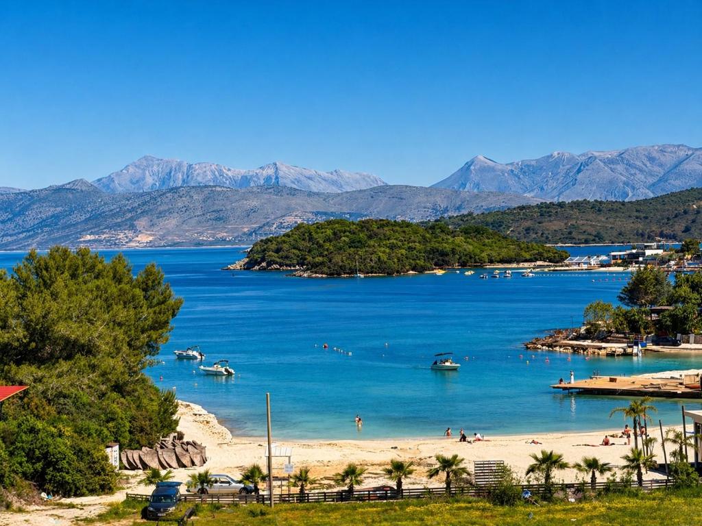 a beach in a body of water with mountains in the background at Vila Bilali in Ksamil