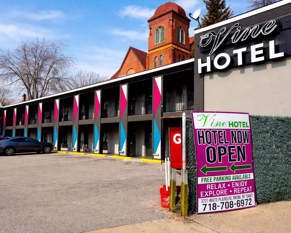 a hotel with a sign in front of a parking lot at The Vine Hotel Bronx New in Bronx