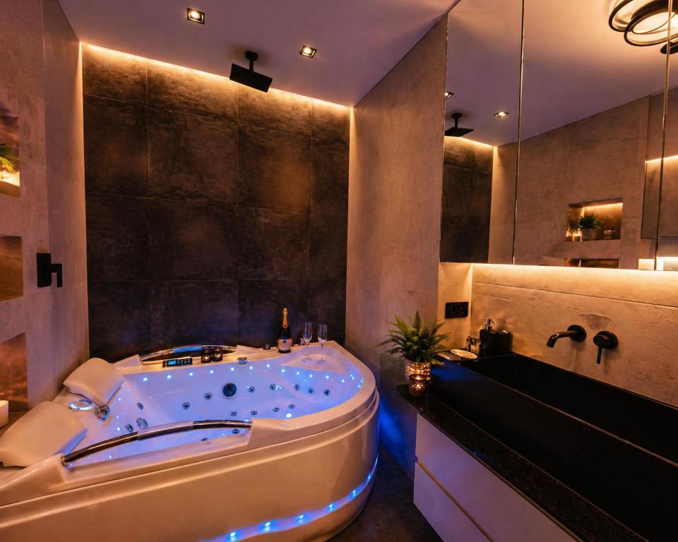 a large bathroom with a tub and a sink at JACUZZI & SAUNA Apartament Warszawa Mokotów in Warsaw