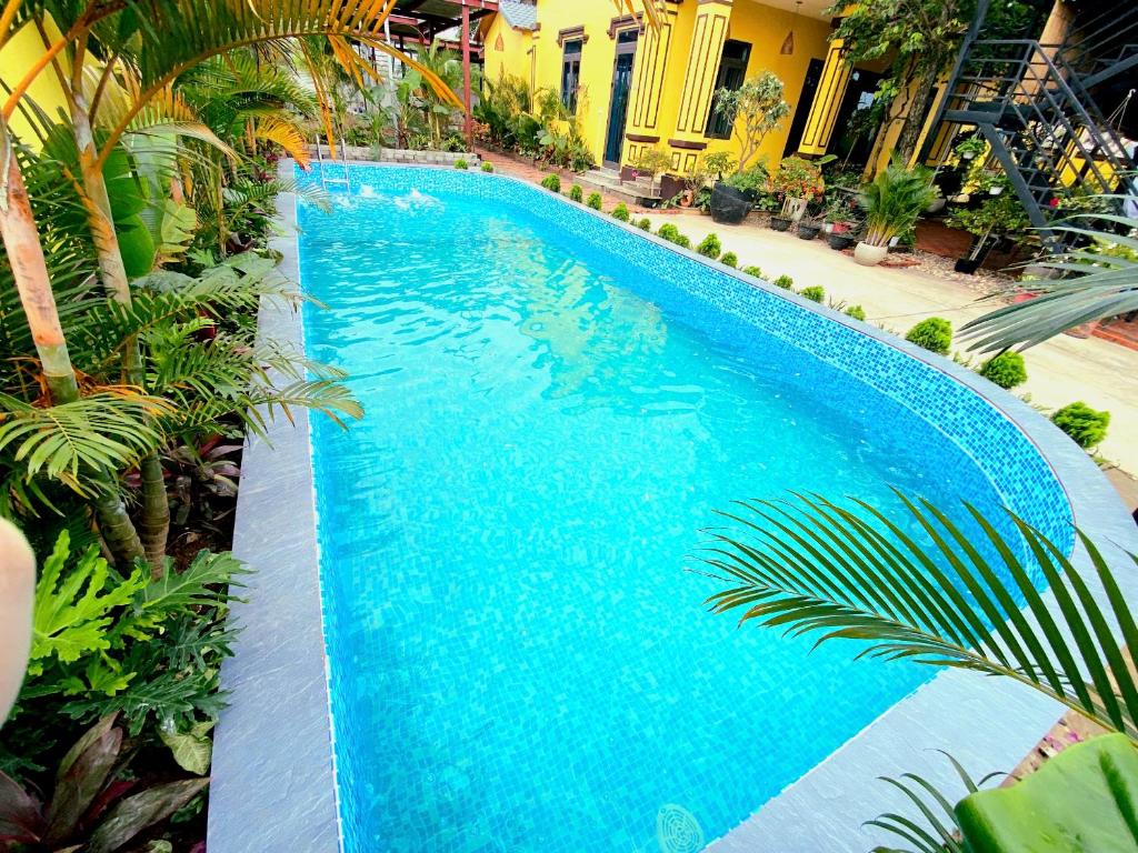 a large blue swimming pool with palm trees around it at Peace Homestay Hoa Lư in Xuân Sơn