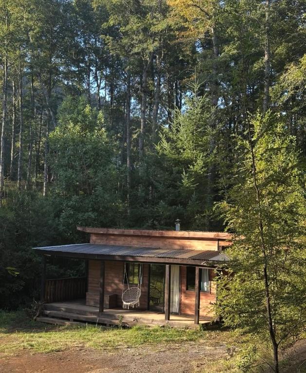 a log cabin in the woods with a porch at Oasis Tiny House & Tinaja in Pichare