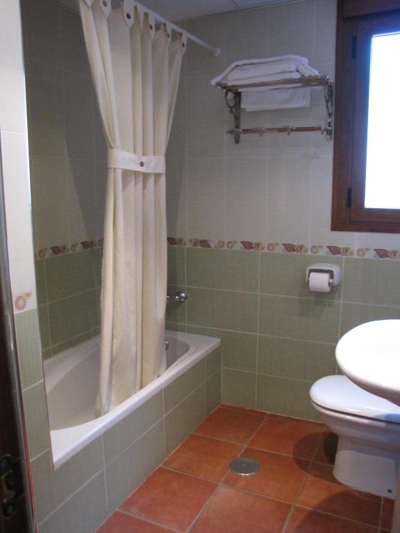 a bathroom with a tub and a toilet and a shower curtain at Hotel-Apartamento Carolina y Vanessa in San José