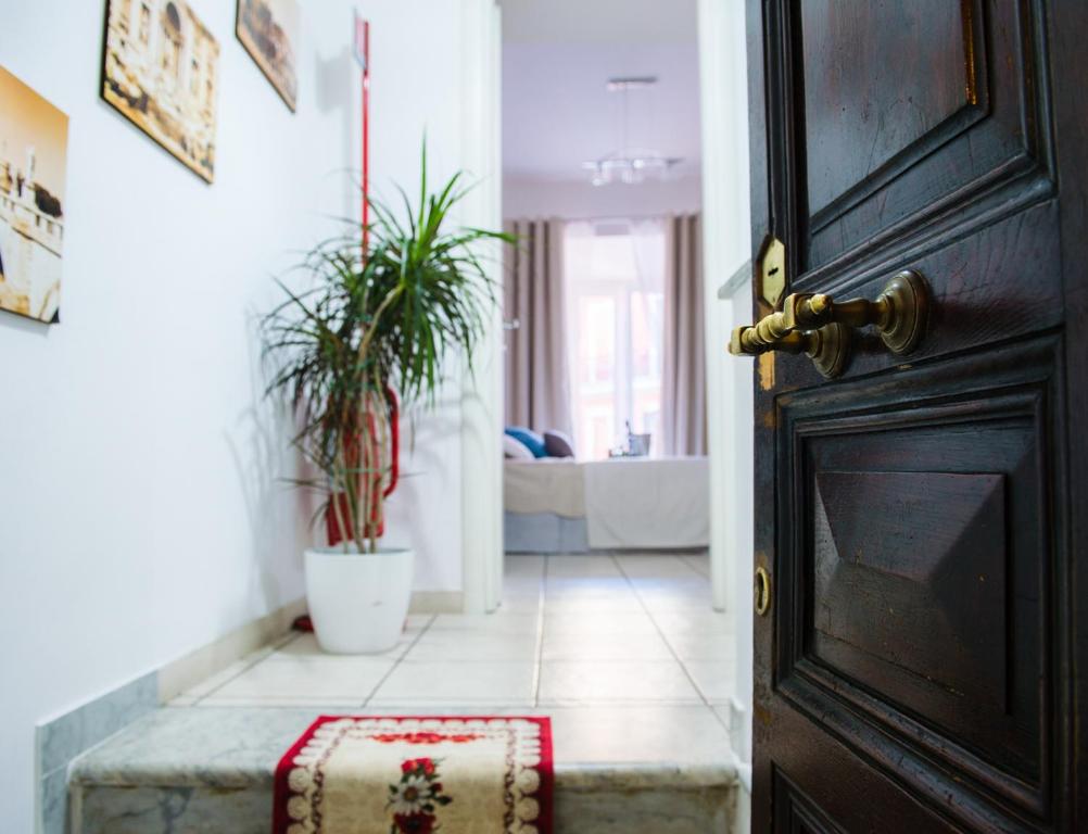 una porta con un tappeto sul pavimento accanto a una stanza con piante di Cavour Guest Apartment a Roma