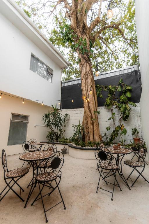 a group of tables and chairs next to a tree at Casa Esmeralda Boutique Hotel in San José