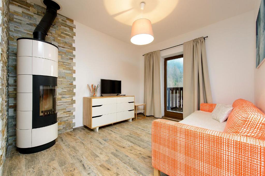 ein Wohnzimmer mit Kamin und Couch in der Unterkunft Apartman #11 - Apartmanovy dom Ďumbier - Chopok Juh in Tale
