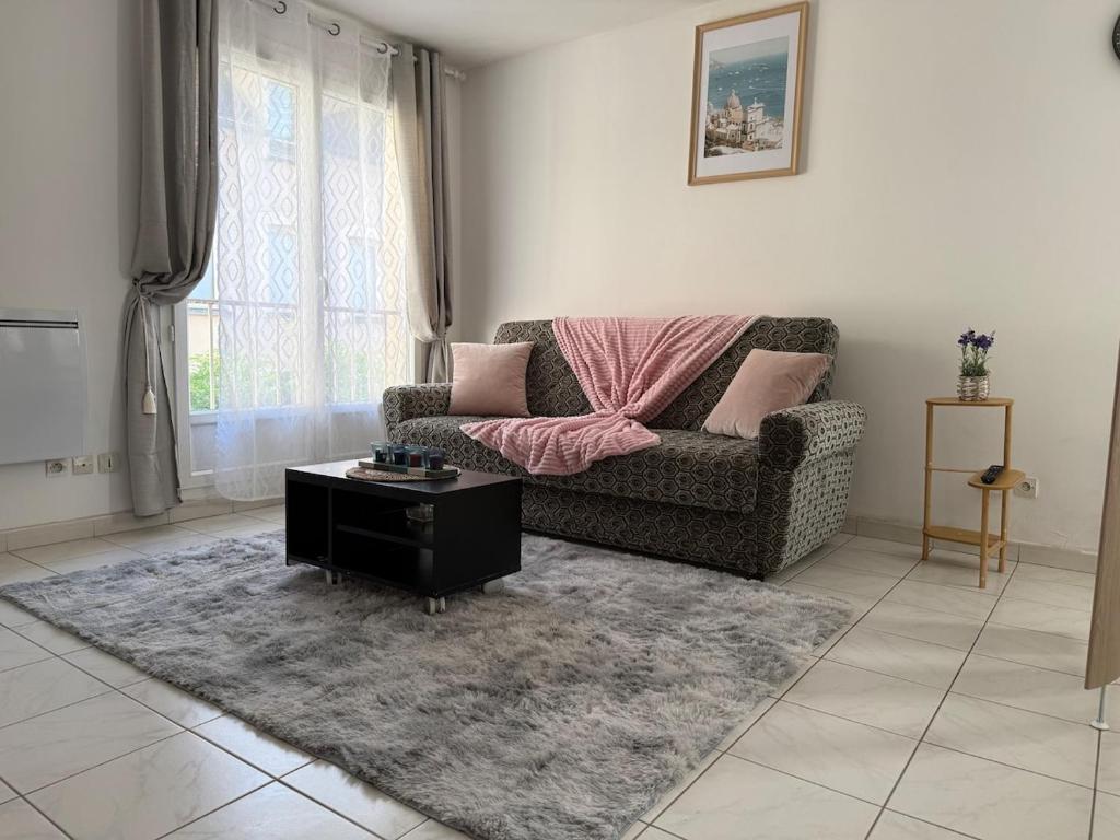 a living room with a couch and a coffee table at Bienvenue au Nid Rosé in Montereau-Fault-Yonne