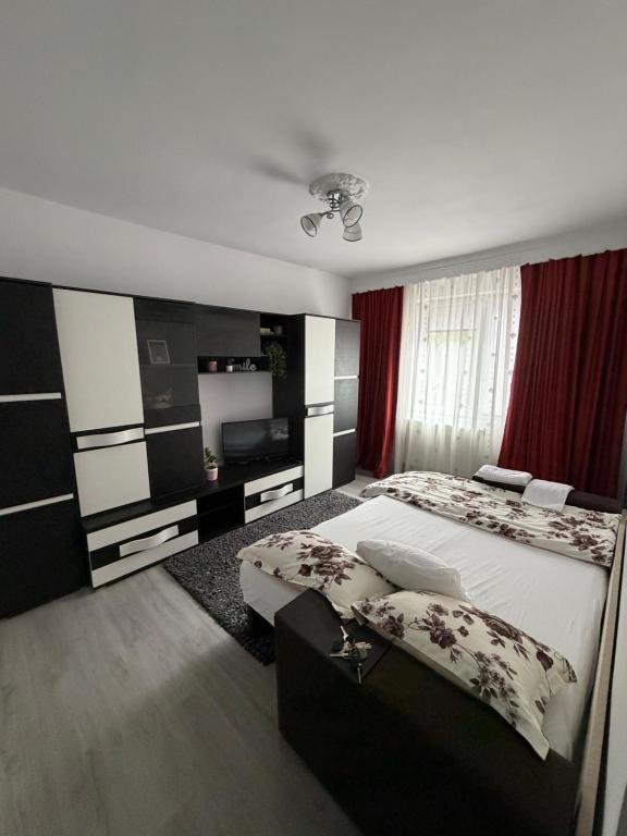 a bedroom with a large bed and a television at Studio Lotus Zalău in Zalău