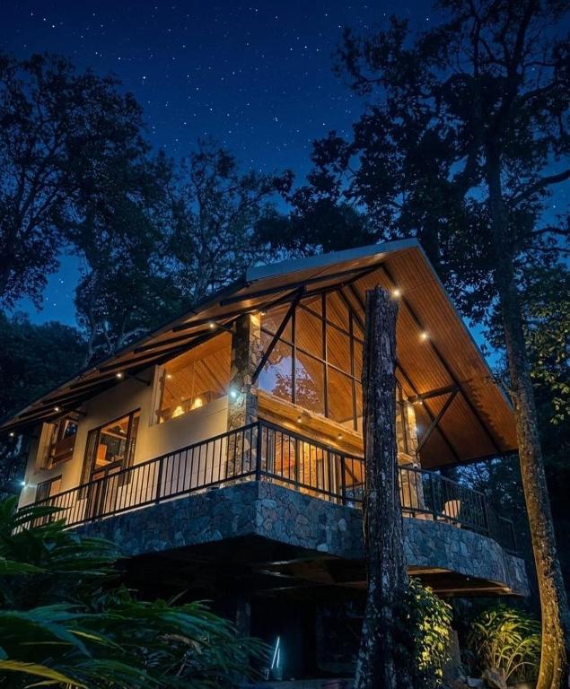 a cabin in the woods at night at The Pebble Shack in Idukki