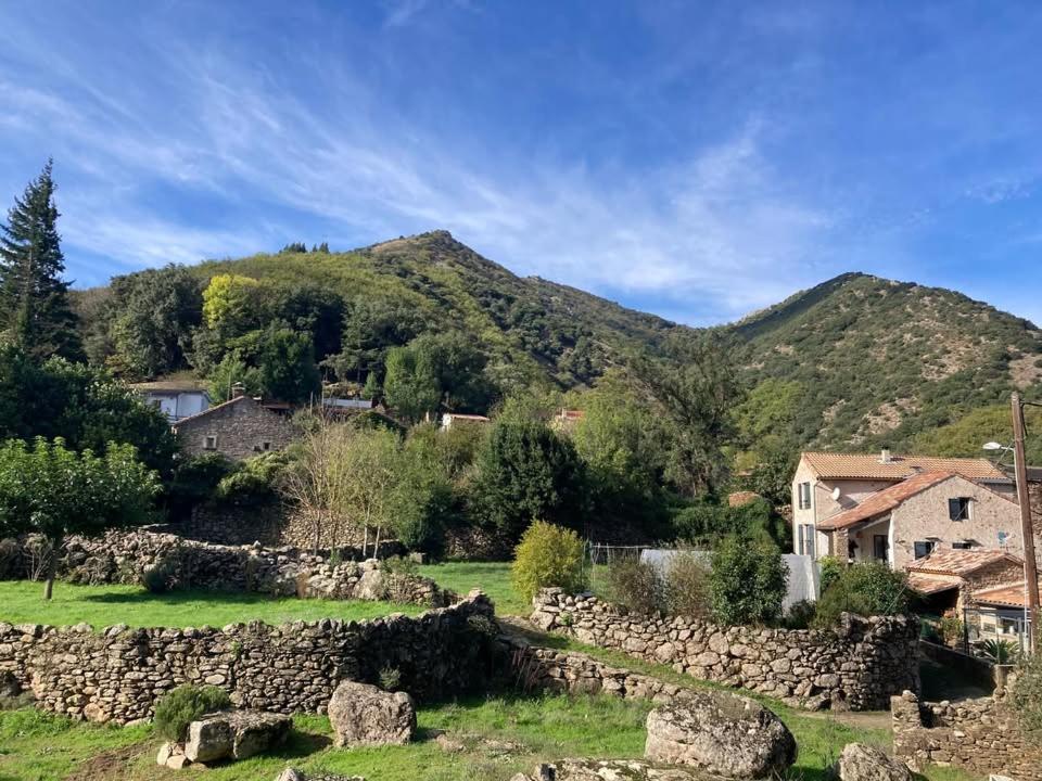 a village with a stone wall and mountains in the background at Gîte du Banissou Chez Papy in Rosis