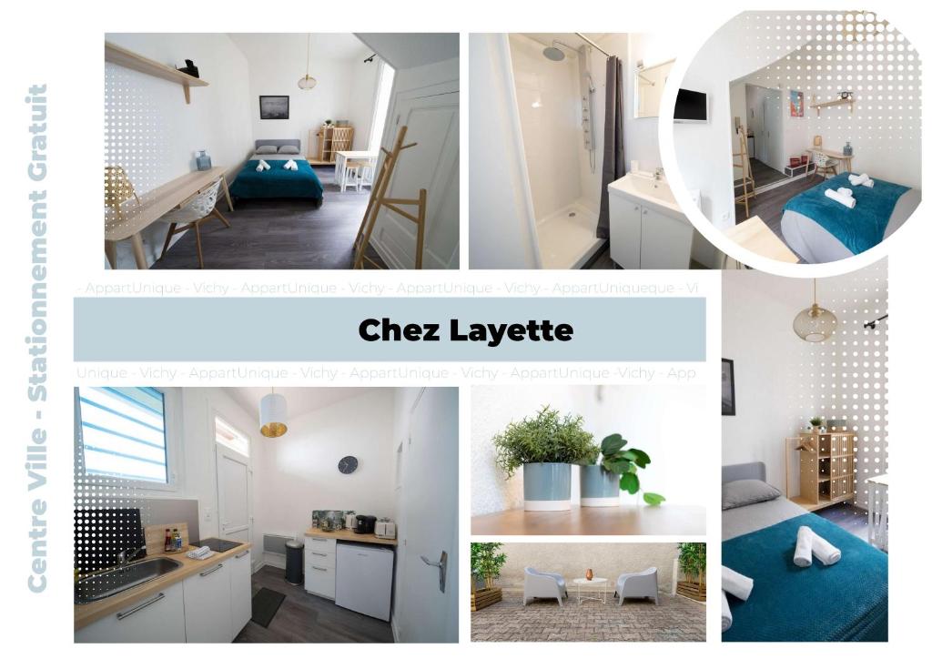 a collage of photos of a kitchen and a living room at AppartUnique - Chez Layette - Hypercentre & Design Moderne in Vichy