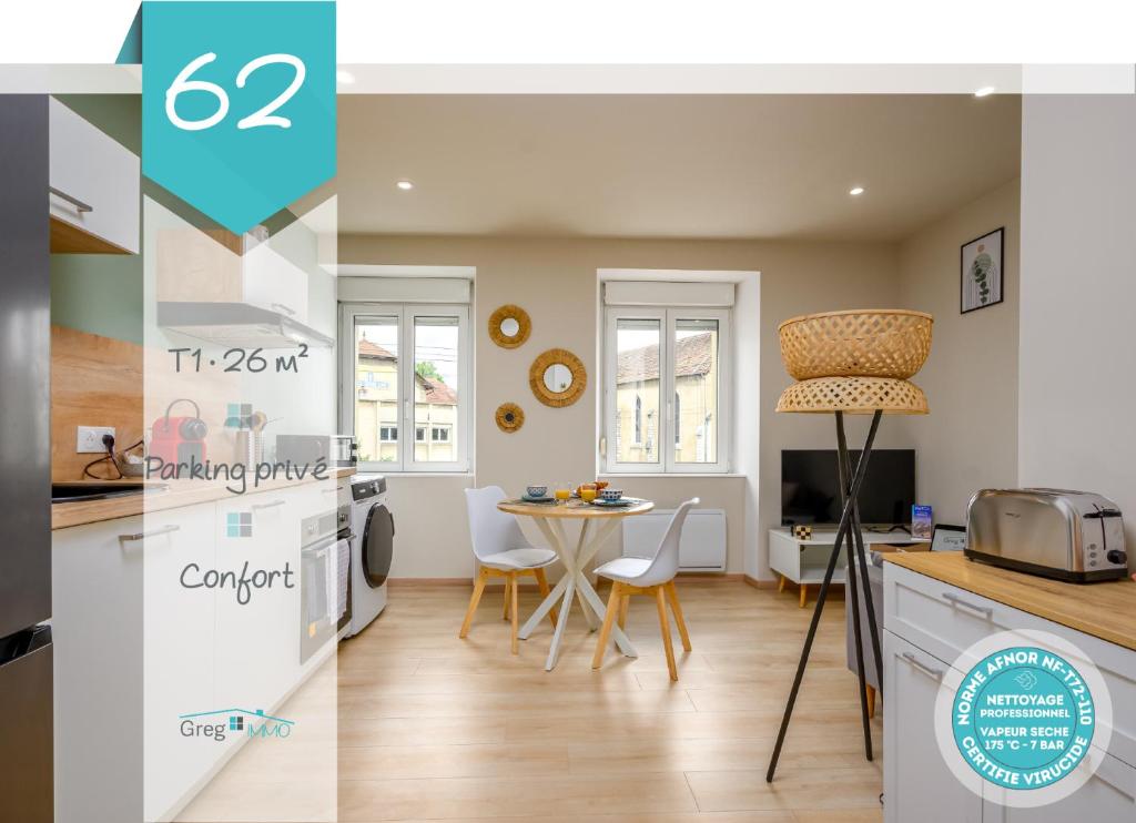 a kitchen and a dining room with a table at Le 62-Appart'Hôtel-GregIMMO in Vieux-Charmont