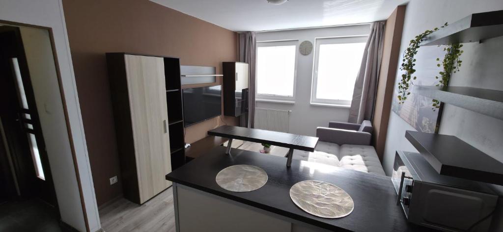 a living room with a couch and a table in a room at Apartmán STATION Vrútky centrum in Vrútky