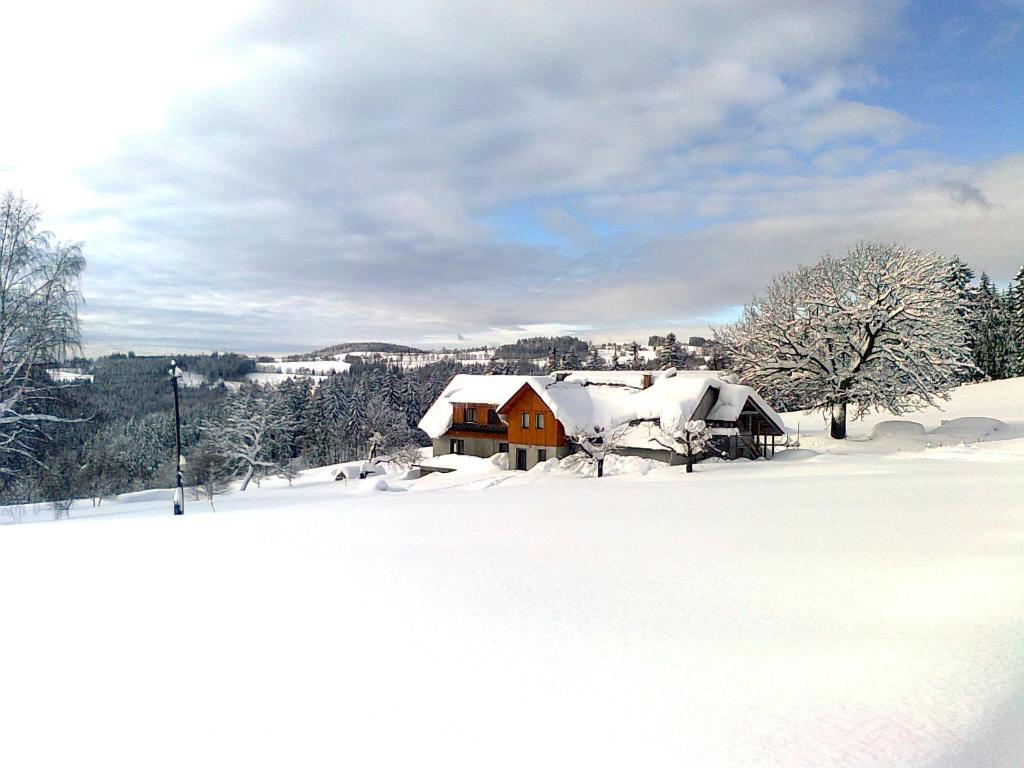 a house covered in snow on a snow covered field at Apartmány Kuřátko in Benecko