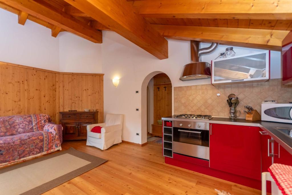 a kitchen with a stove top oven in a room at El Feral - Mansarda in Selva di Cadore