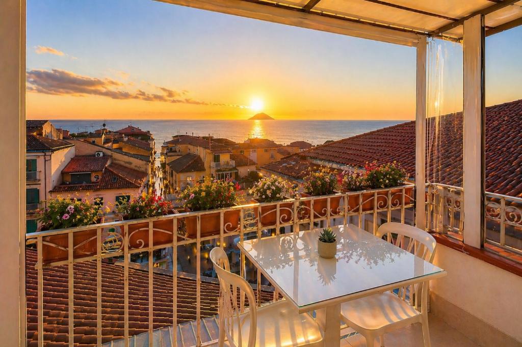 a balcony with a table and a view of the ocean at Residenza il Barone in Tropea