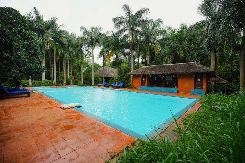 a large swimming pool with a house in the background at Red Earth Kabini in Begūr