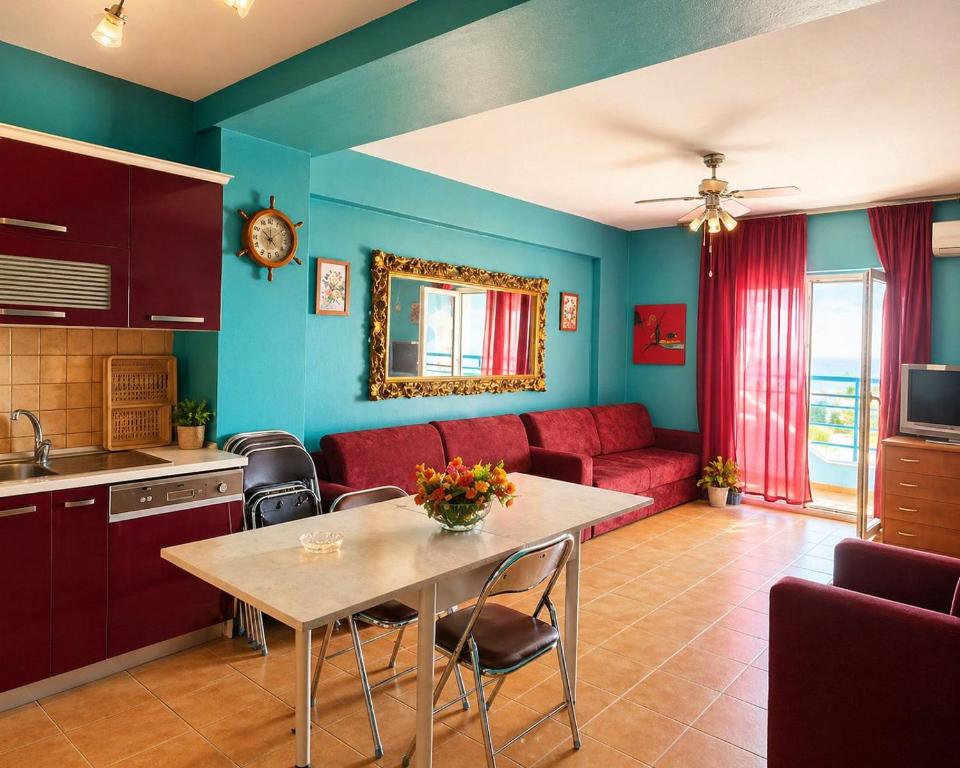 a kitchen and living room with a table and a couch at Sea view apartment 2 in Skataj