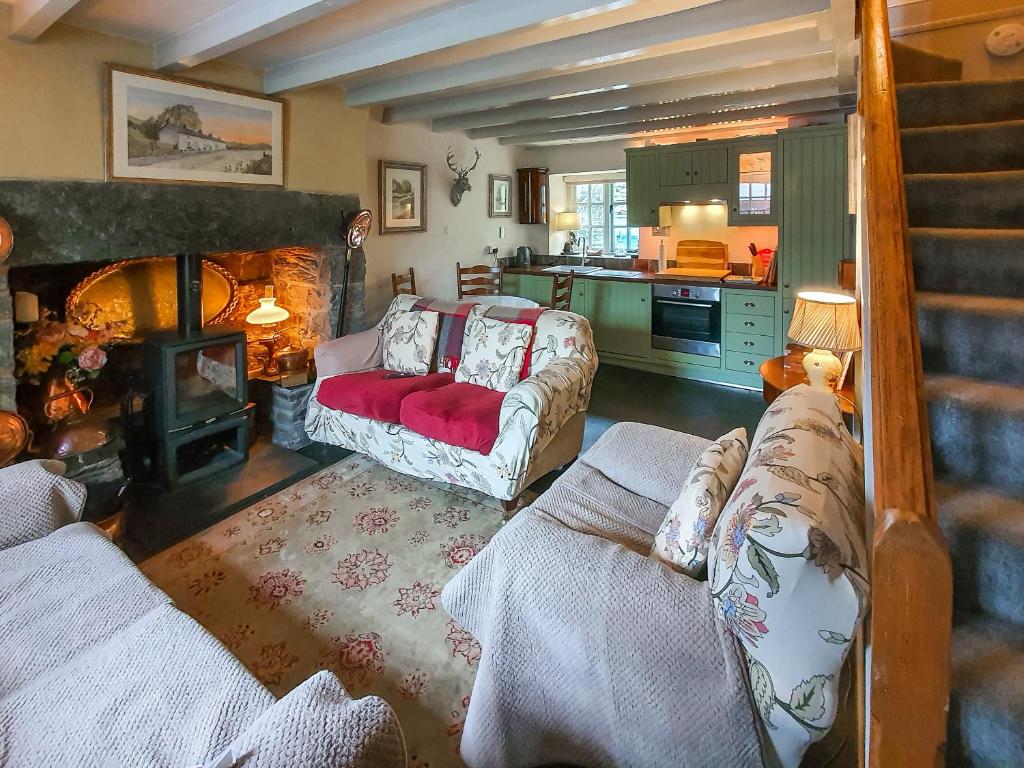 a living room with a couch and a fireplace at Summerhill Tanyrhos in Blaenau-Ffestiniog