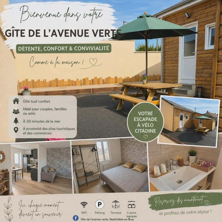 a collage of pictures of a house with a picnic table and an umbrella at Gîte de l'Avenue Verte in Neufchâtel-en-Bray